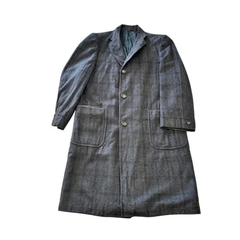 Vintage 60s Robert Hall Grey Wool Overcoat Plaid Mid Century‎ 3 Button Mens L